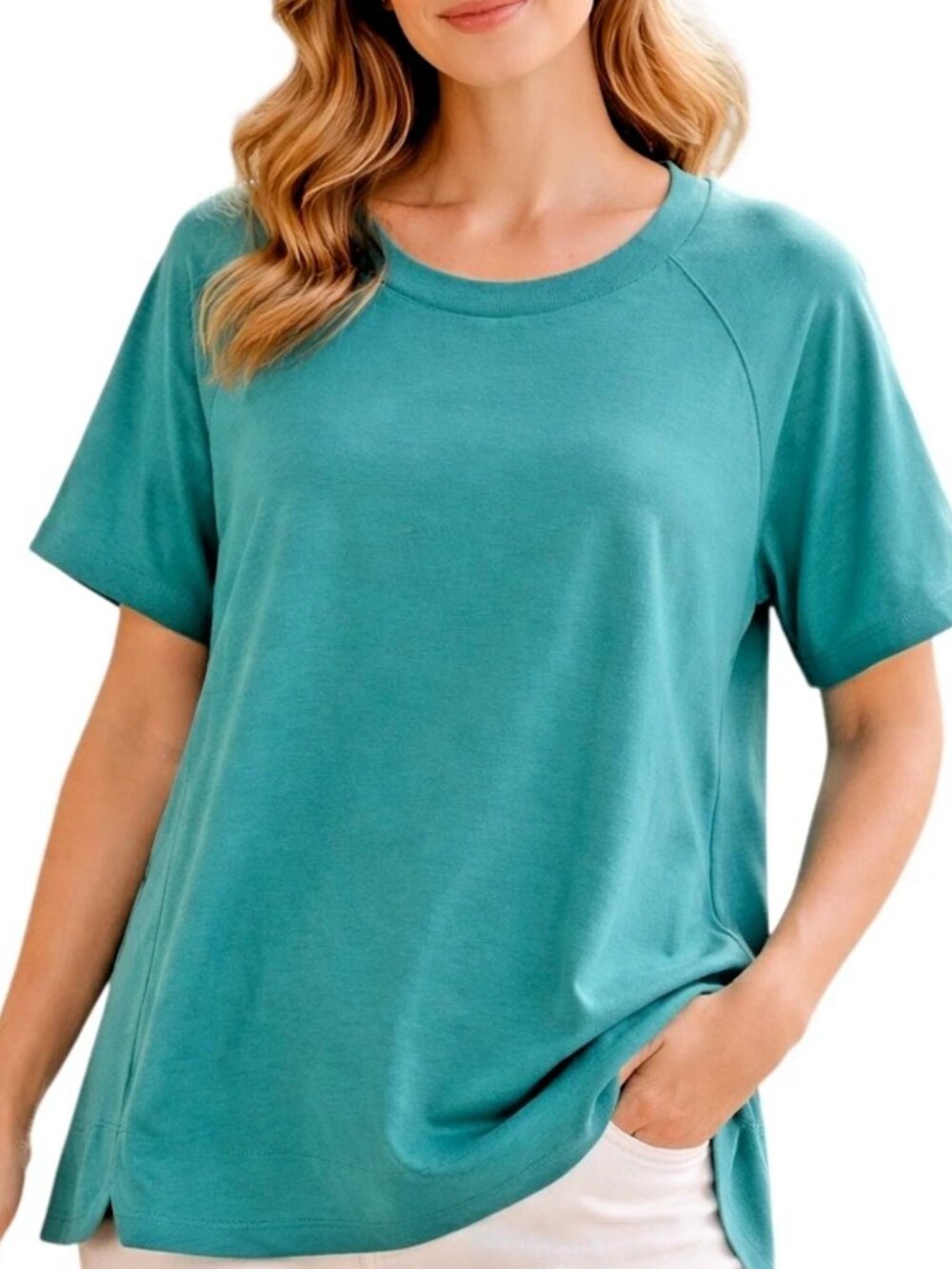 Athleta Teal Green Soft Short-Sleeve Sweatshirt Top w/ Side Slits Relaxed Fit Sm